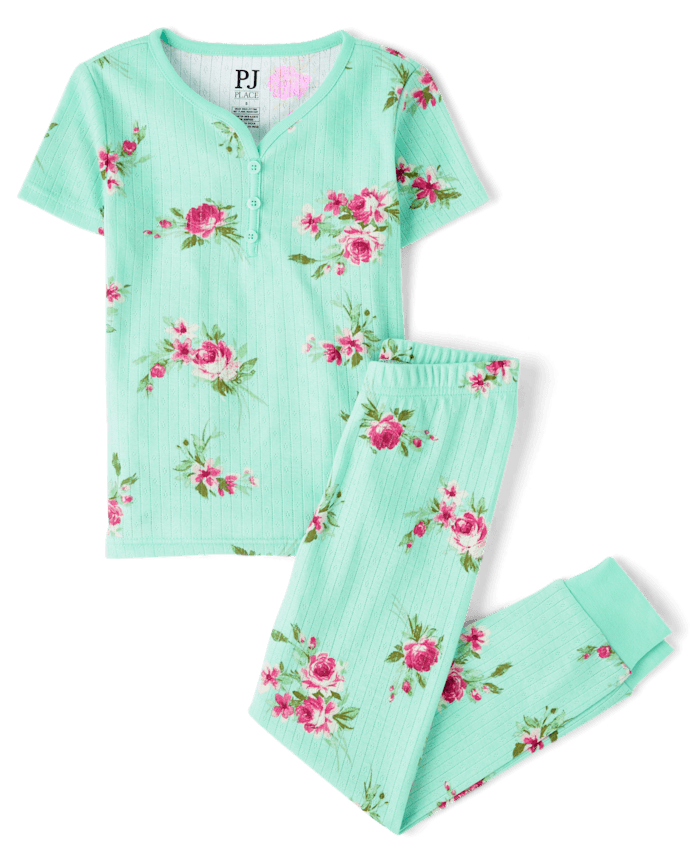 Girls Floral Henley Pointelle Snug Fit Cotton Pajamas
