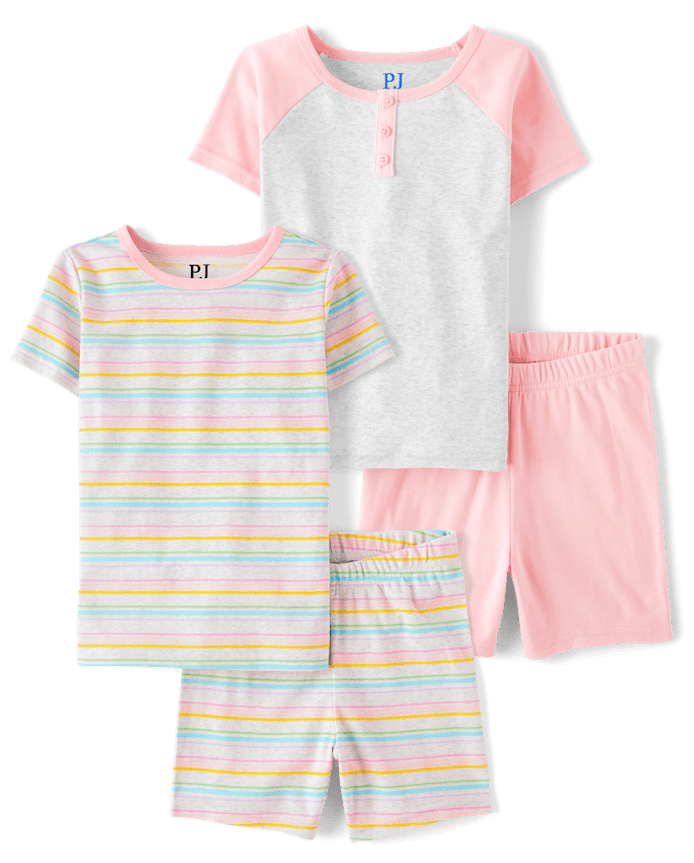 Girls Rainbow Striped Henley Snug Fit Cotton Pajamas 2-Pack