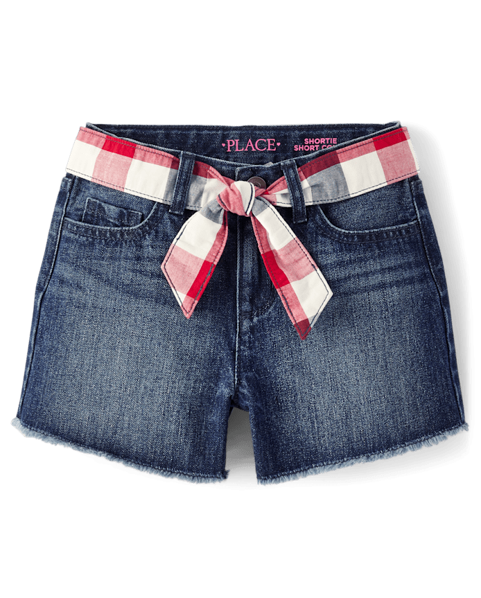 Girls Gingham Belted Denim Shortie Shorts