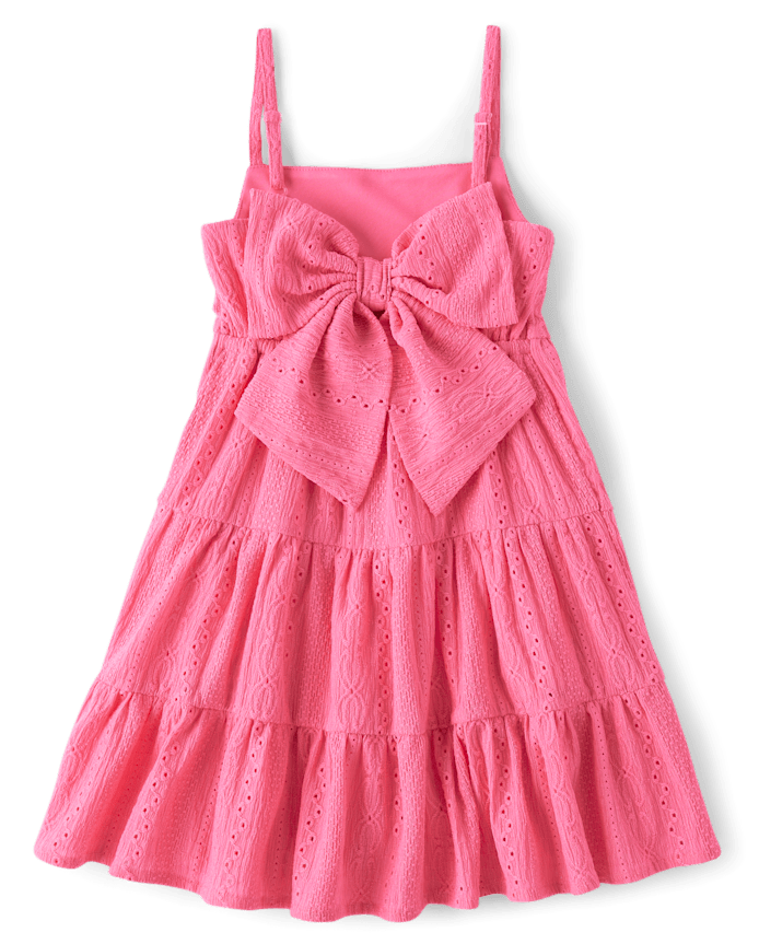 Girls Bow Back Eyelet Tiered Dress