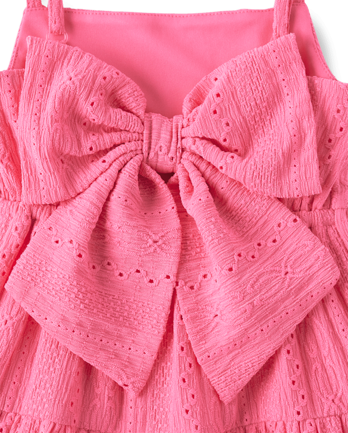 Girls Bow Back Eyelet Tiered Dress