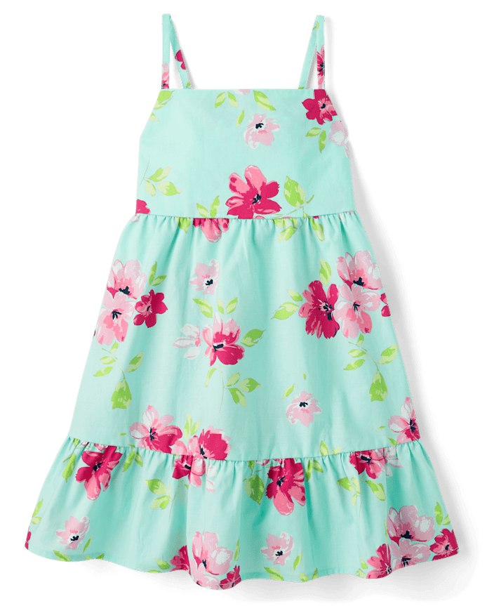Girls Floral Bow Back Poplin Tiered Dress
