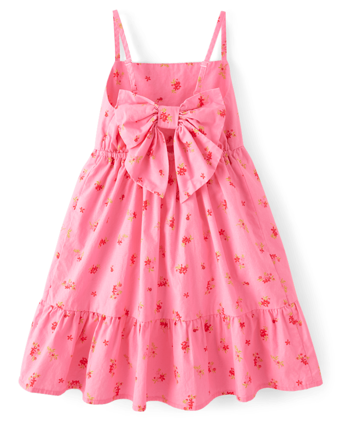 Girls Floral Bow Back Poplin Tiered Dress