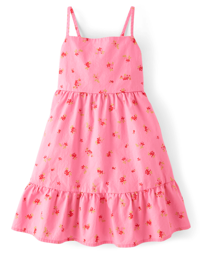 Girls Floral Bow Back Poplin Tiered Dress