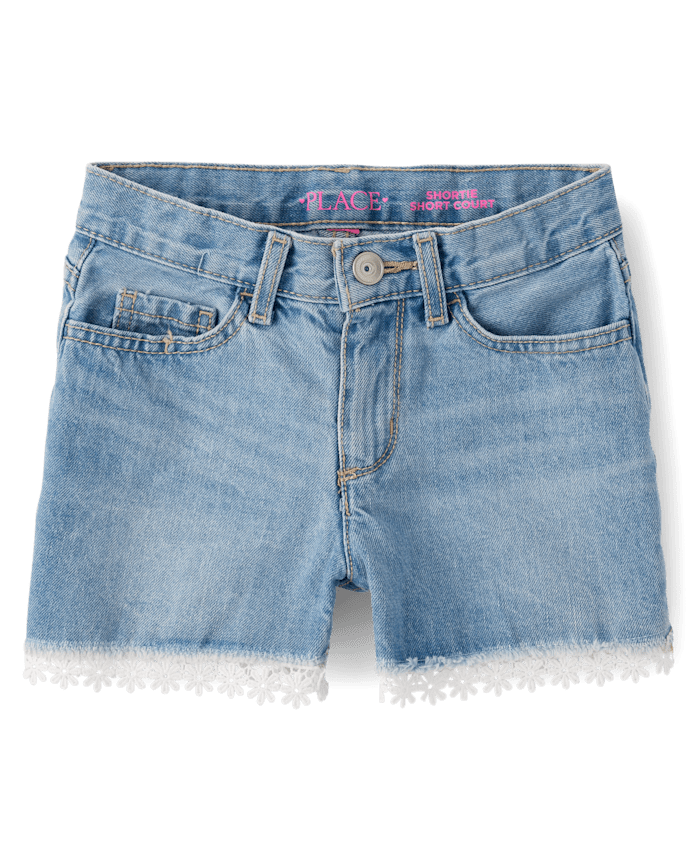 Short en jean à ourlet dentelle pour fille