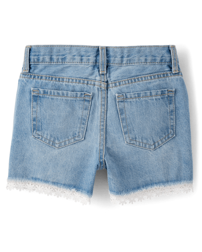 Girls Lace Hem Denim Shortie Shorts
