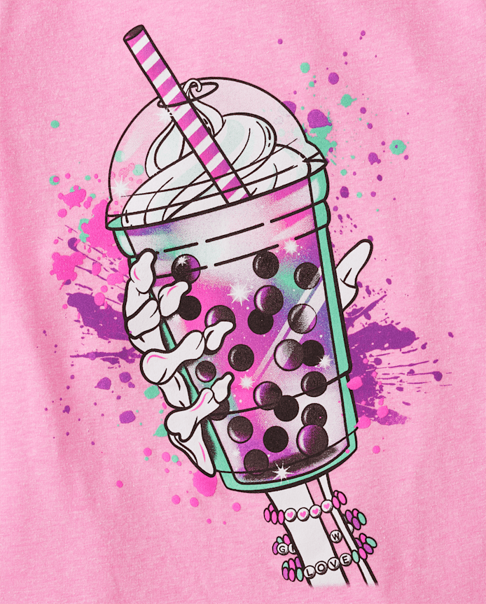 Girls Halloween Skeleton Drink Graphic Tee