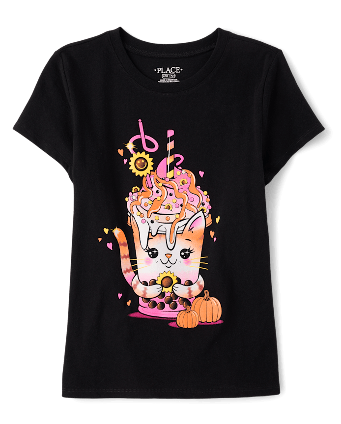 Girls Fall Cat Drink Graphic Tee