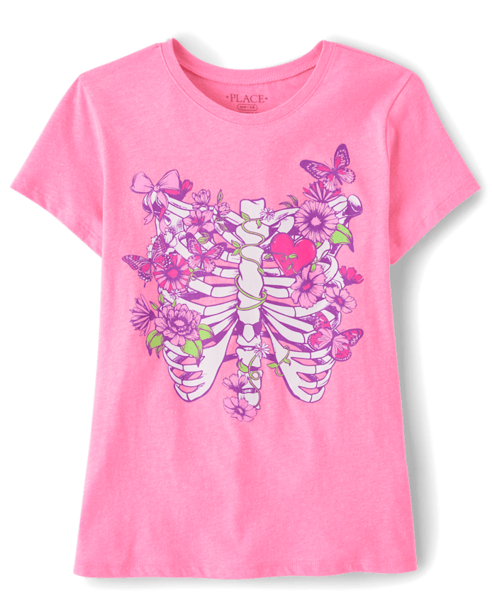 Girls Floral Skeleton Bones Graphic Tee