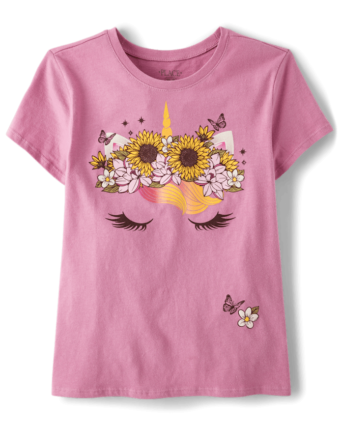 T-shirt graphique licorne à couronne de fleurs pour fille