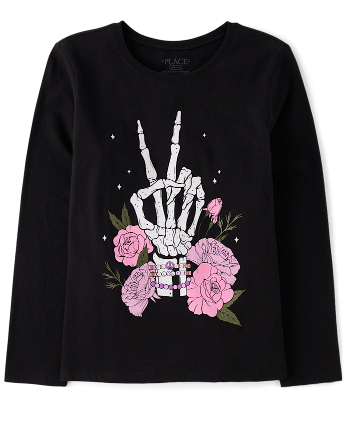 Girls Glow Skeleton Peace Graphic Tee