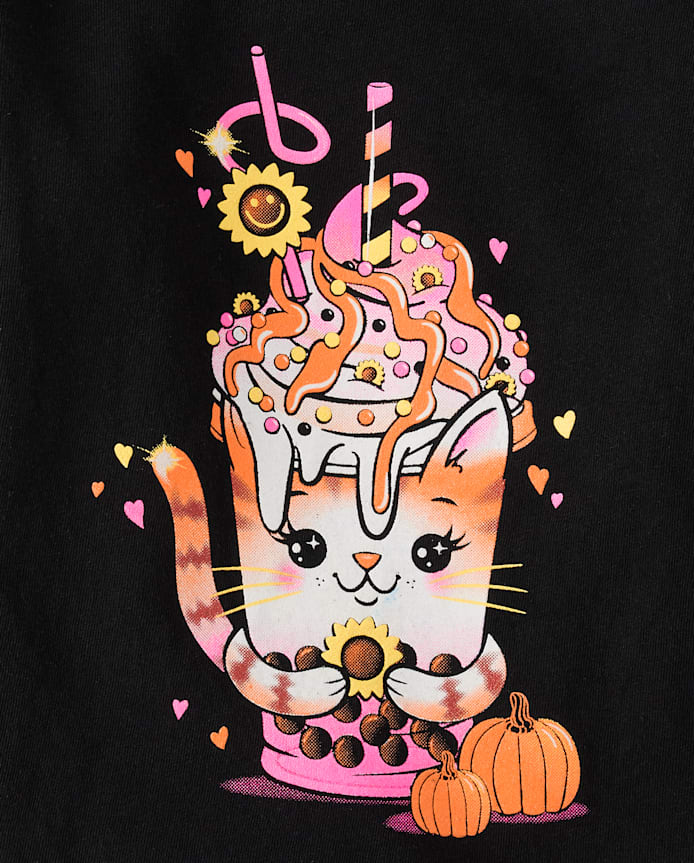 T-shirt graphique pour bébé et petite fille avec motif chat buvant