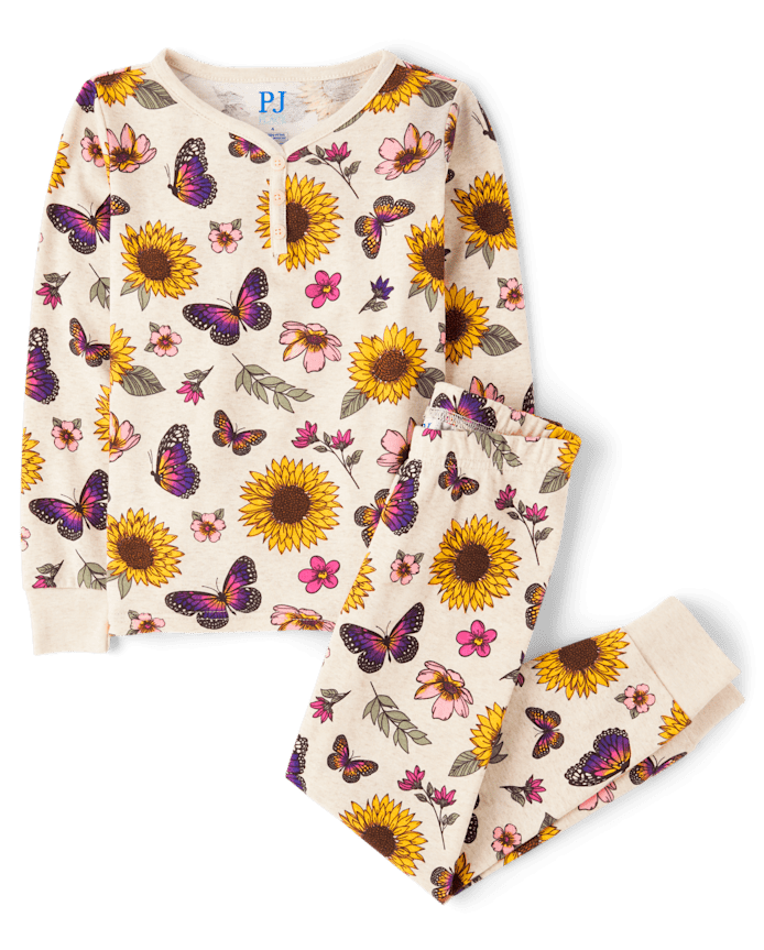 Girls Floral Butterfly Snug Fit Cotton Henley Pajamas