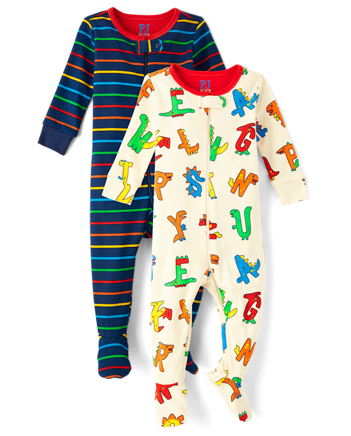 Pyjama une pièce en coton à rayures et pieds pour bébé tout-petit, motif dinosaure, lot de 2