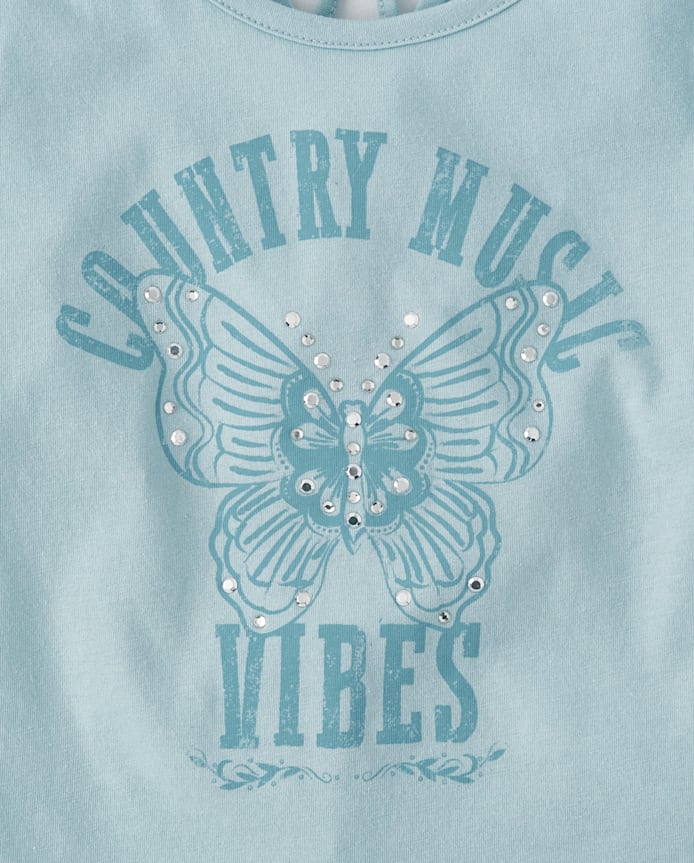 Girls Embellished Graphic Eyelet Top