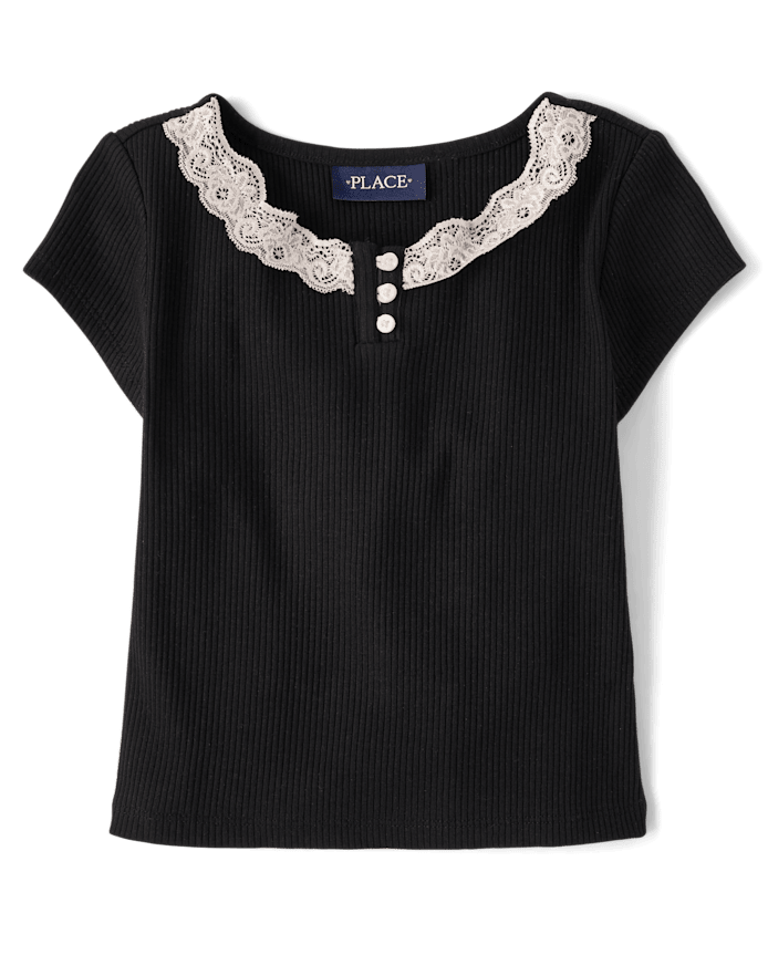 Girls Ribbed Lace Henley Top