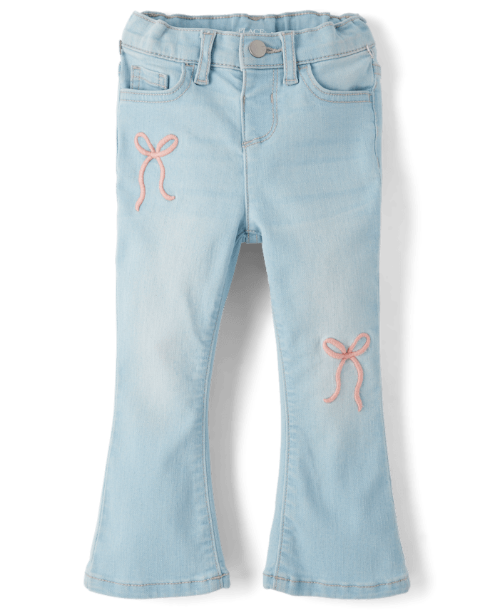 Jean évasé taille haute avec nœud brodé pour petite fille