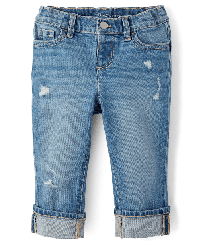 Jean droit déchiré à revers retroussés pour petite fille