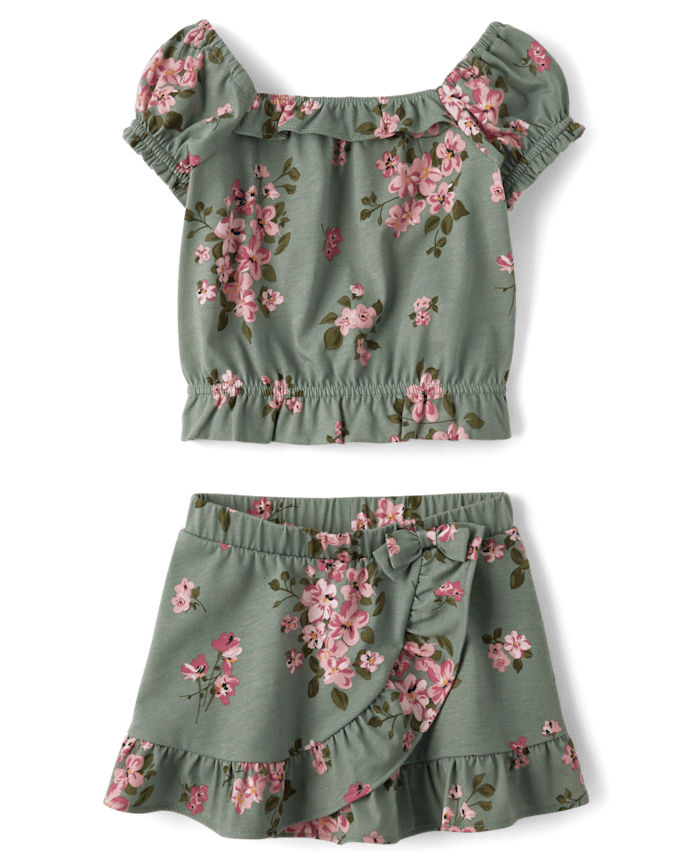 Ensemble 2 pièces à volants et fleurs pour petite fille
