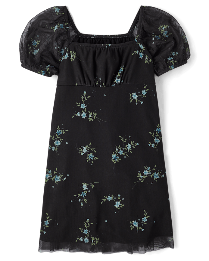 Girls Floral Mesh Puff Sleeve Dress