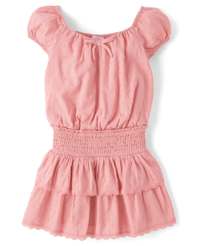 Girls Clip Dot Smocked Tiered Dress