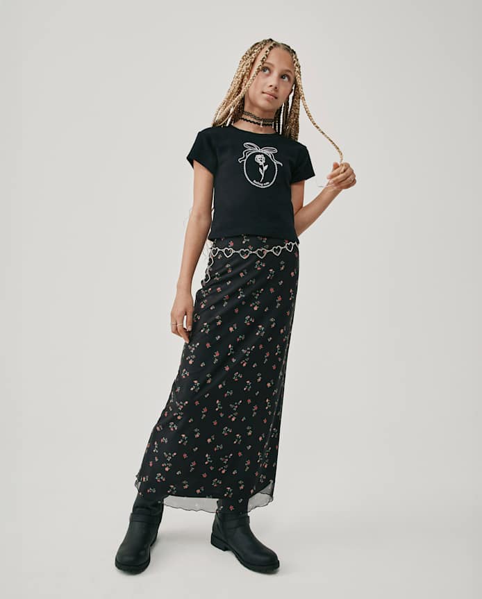 Tween Girls Floral Mesh Maxi Skirt