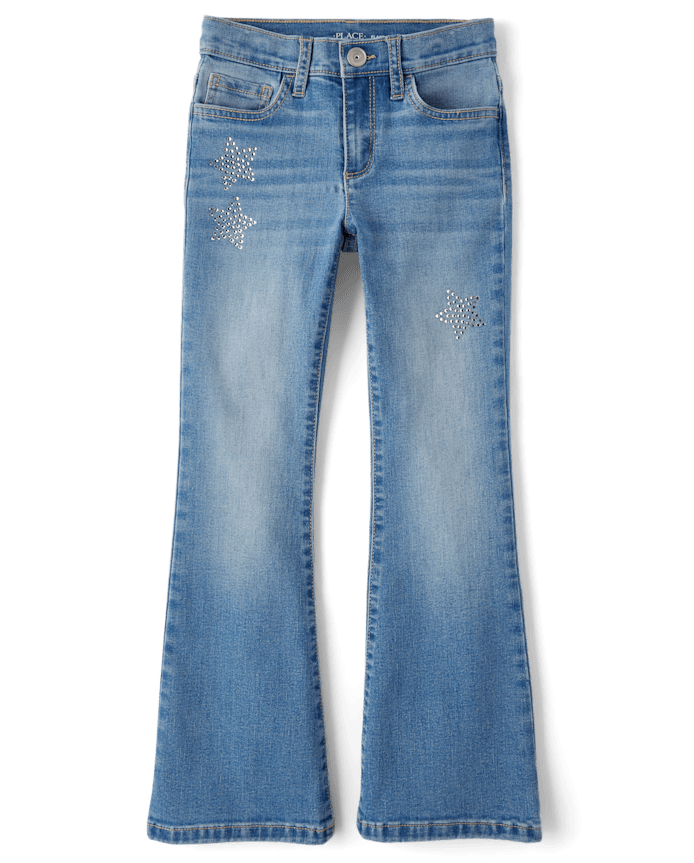 Girls Rhinestone Star High Rise Flare Jeans
