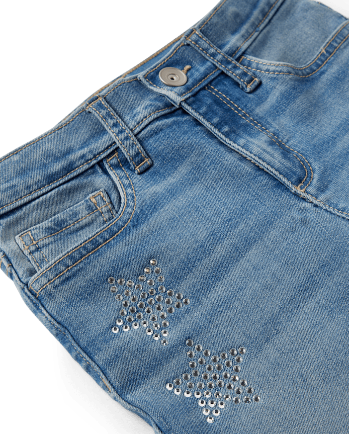 Girls Rhinestone Star High Rise Flare Jeans