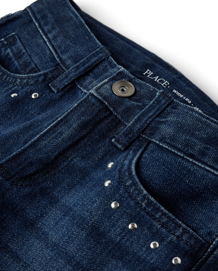Girls Studded Wide Leg Jeans