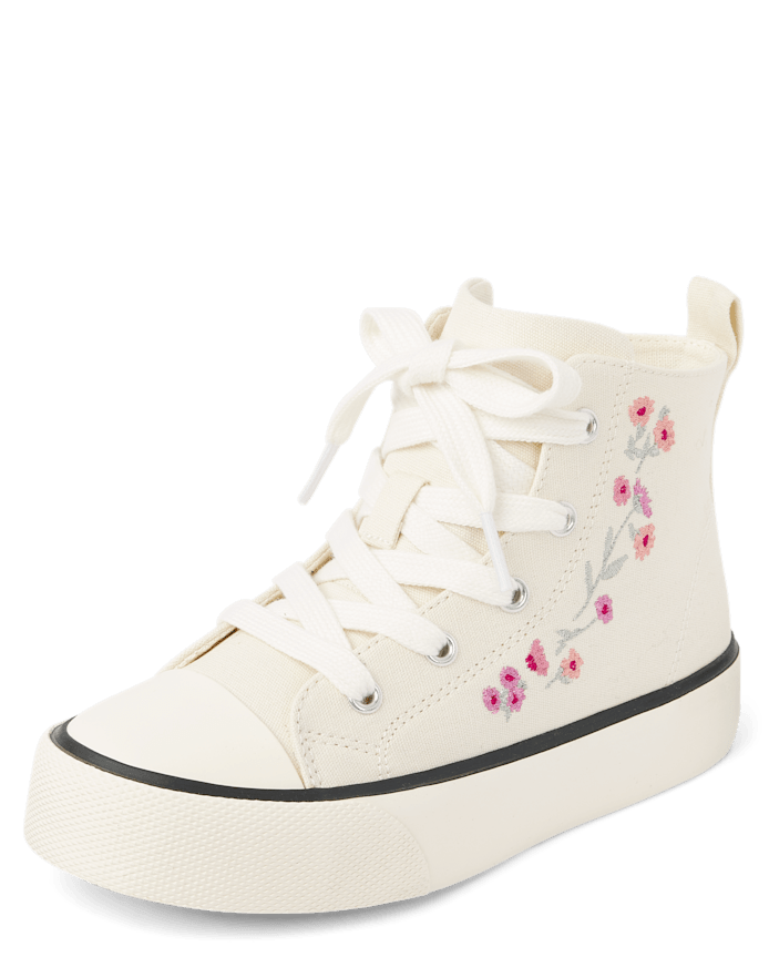Girls Embroidered Floral High Top Sneakers