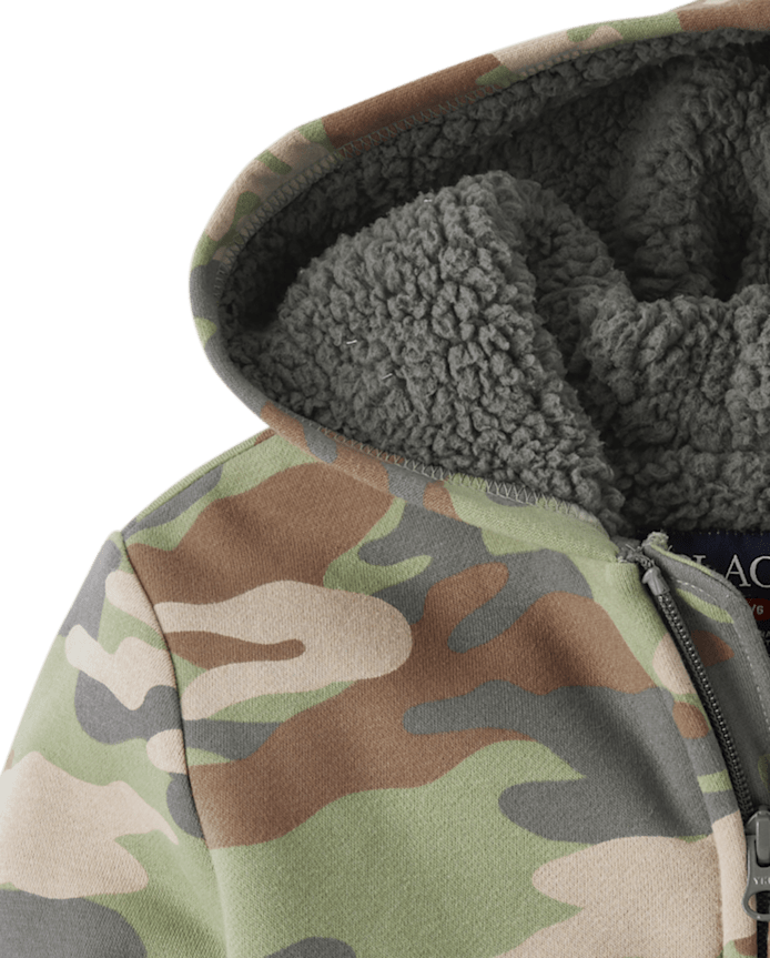 Kids Camo Premium Fleece Sherpa Lined Zip Up Hoodie