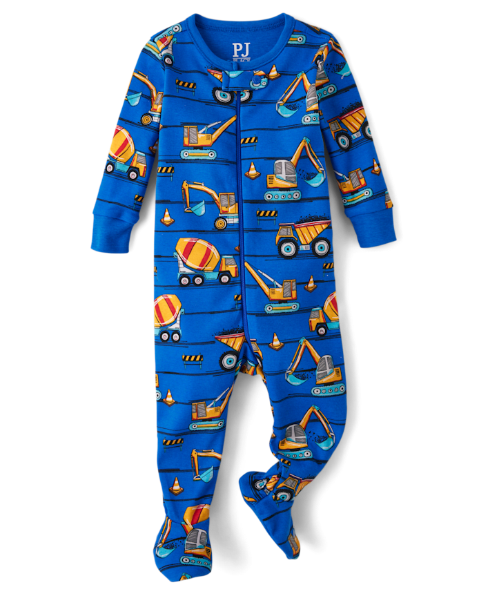 Baby And Toddler Boys Construction Vehicles Snug Fit Cotton Footed One Piece Pajamas
