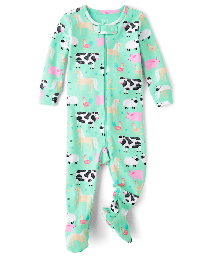 Baby And Toddler Girls Farm Animal Snug Fit Cotton Footed One Piece Pajamas