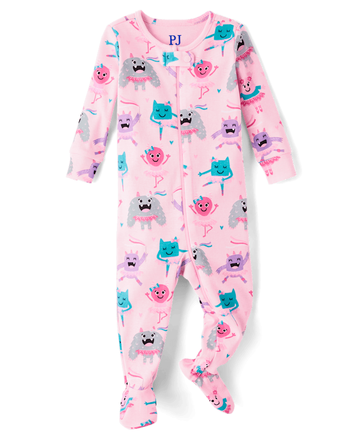 Baby And Toddler Girls Monster Ballerina Snug Fit Cotton Footed One Piece Pajamas
