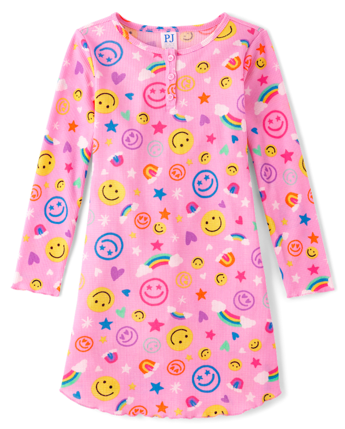 Girls Happy Face Thermal Henley Nightgown