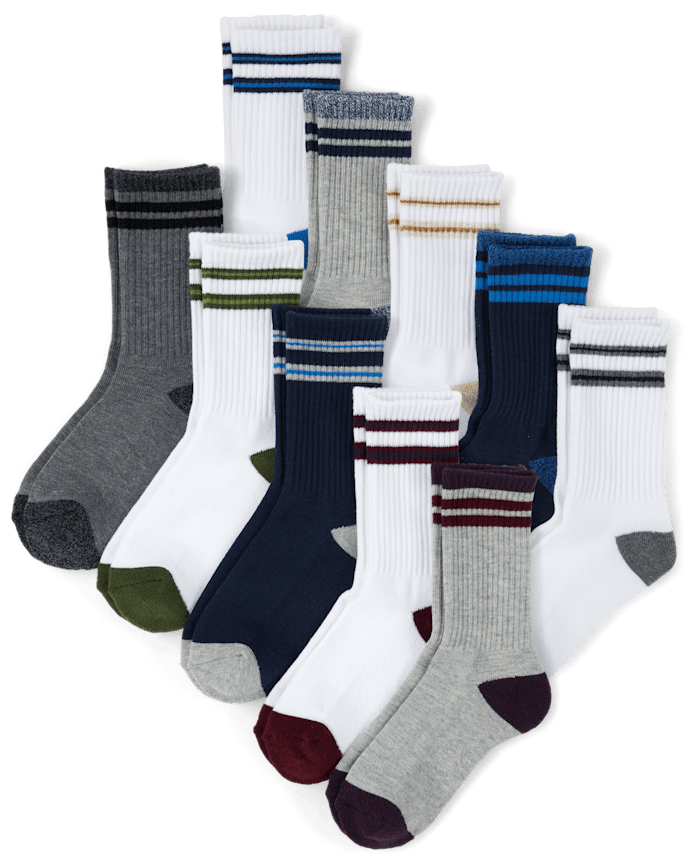 Boys Striped Cushioned Crew Socks 10-Pack