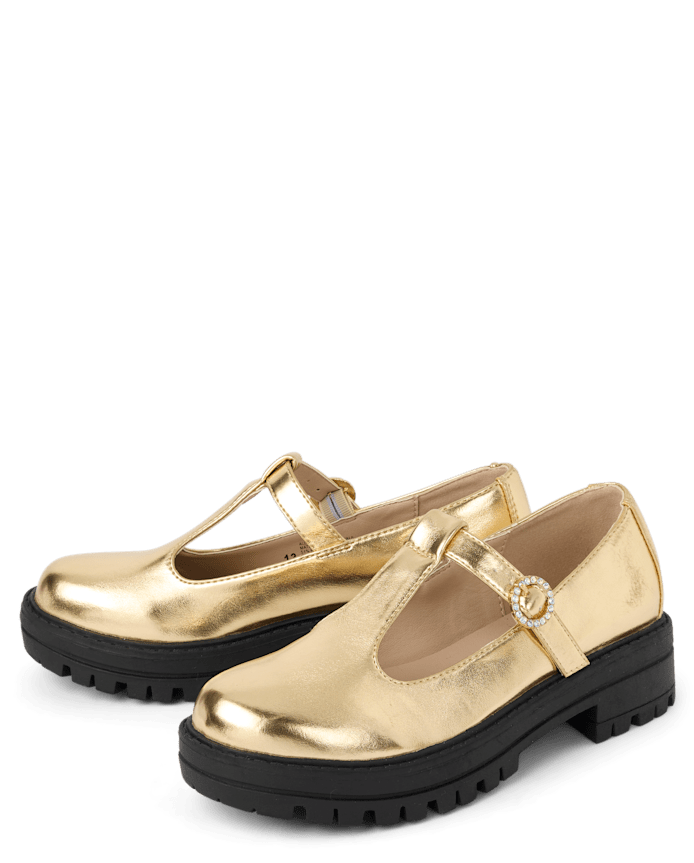 Girls Metallic T-Strap Mary Jane Shoes