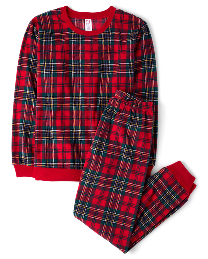 Pyjamas assortis pour adultes en microfibre polaire à carreaux tartan