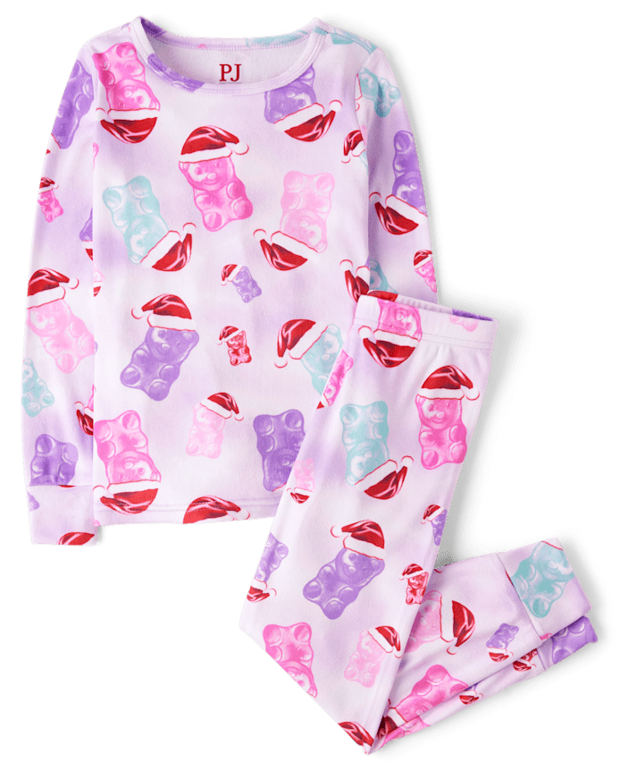 Pyjama ajusté en velours avec bonnet de Père Noël et ours bonbon pour fille