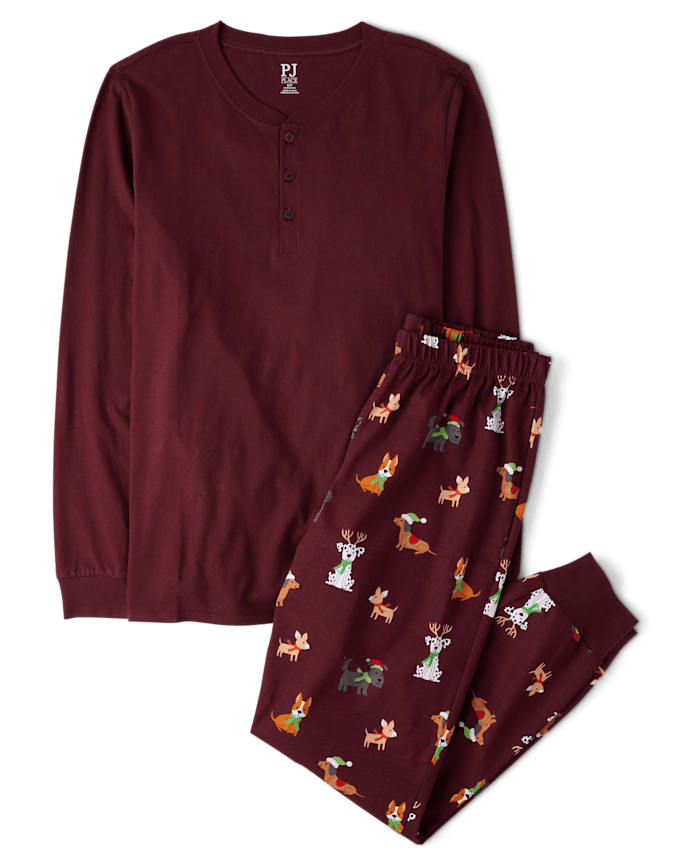 Mens Matching Family Holiday Dog Cotton Henley Pajamas
