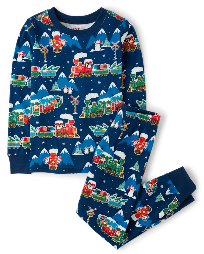 Pyjama ajusté en coton pour enfants, motif train de vacances lumineux