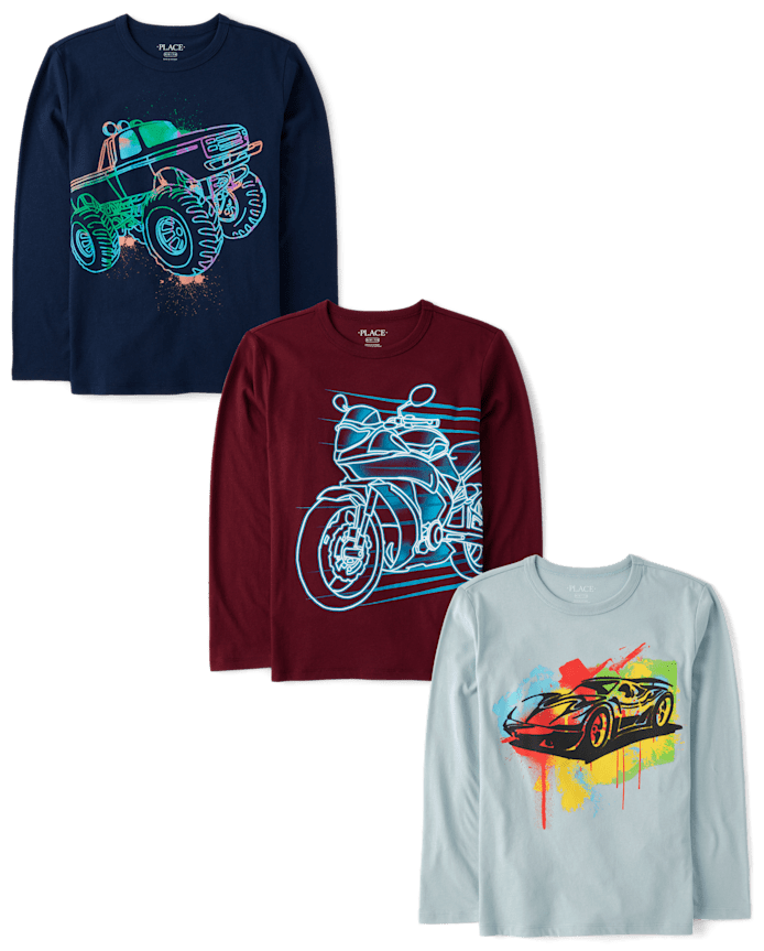 Lot de 3 t-shirts graphiques pour garçons Motif véhicules