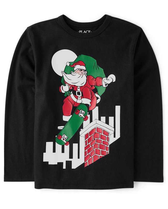 Boys Christmas Skateboard Santa Graphic Tee