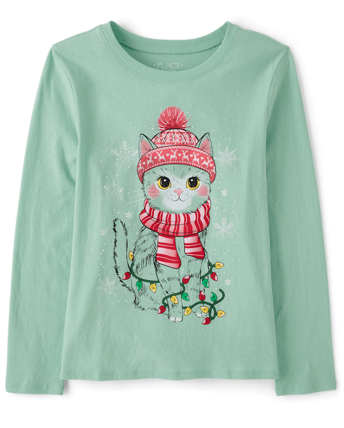 T-shirt graphique de Noël pour fille avec chat des neiges