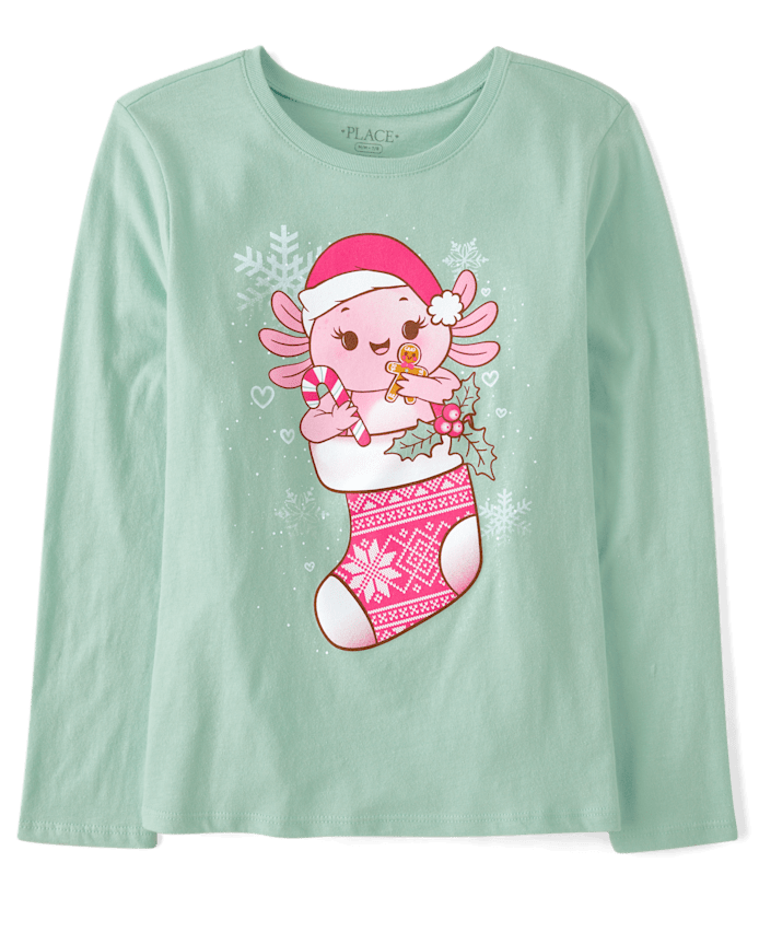 Girls Axolotl Christmas Stocking Graphic Tee