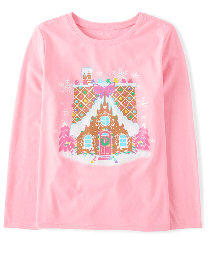 Girls Christmas Gingerbread House Graphic Tee