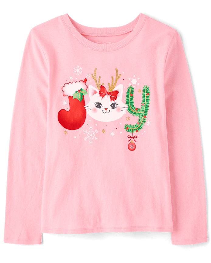 T-shirt graphique Joy Cat pour filles, Noël