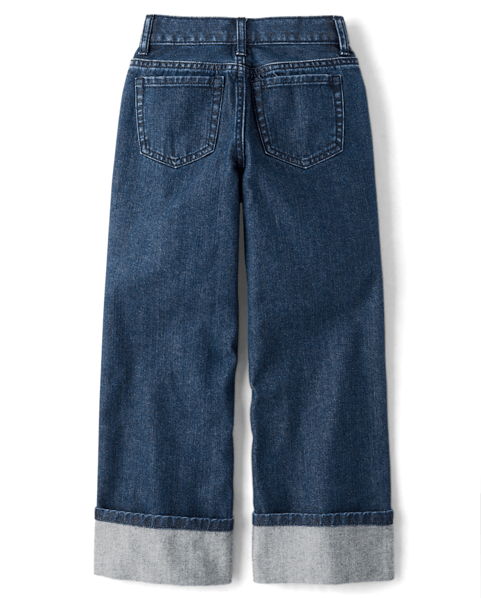 Girls Hello Kitty® Embroidered Roll Cuff Wide Leg Jeans