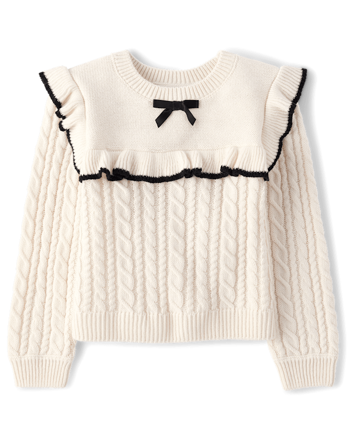 Pull en tricot torsadé à volants et nœud pour petite fille