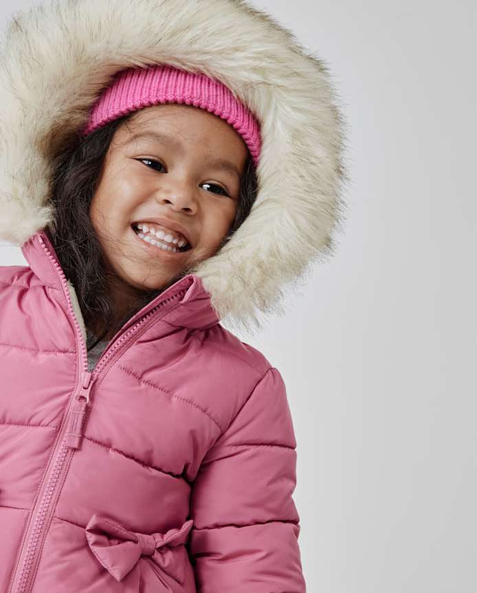 Toddler Girls Bow Heavyweight Faux Fur Lined Bubble Puffer Jacket